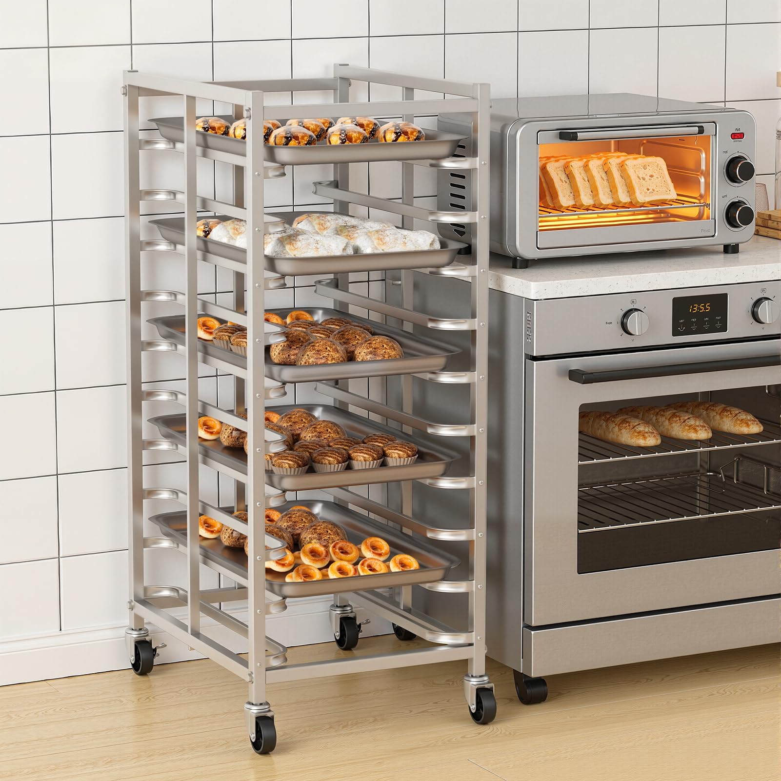ohfruit Mobiles Aluminiumblech-Pfannenregal mit 10/20 Ebenen, robustes Backblech, Aufbewahrungswagen mit abschließbaren Rollen für Bäckerei-Kühlung oder Küchenorganisation, 10 Stück