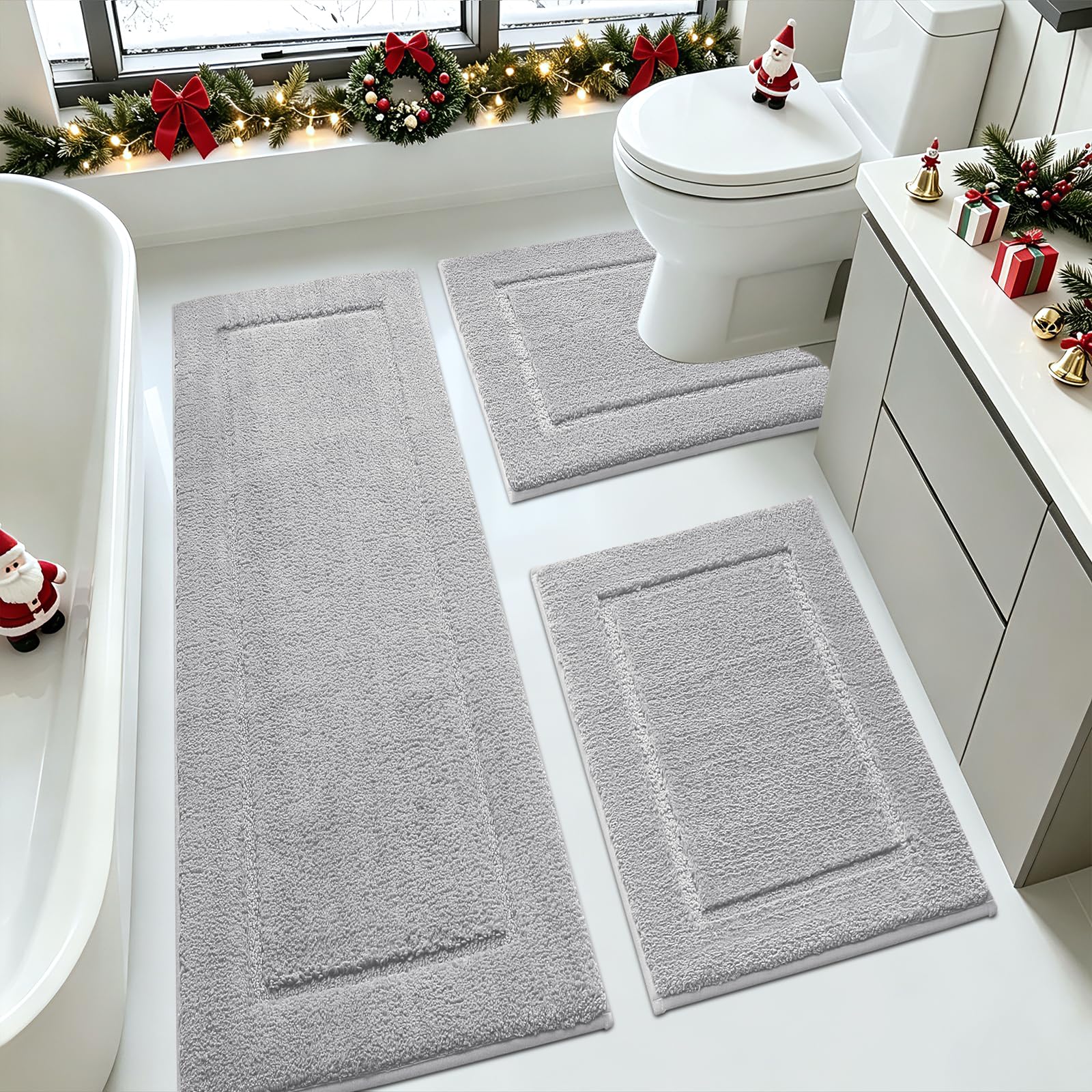 IM HOME Gray Bathroom Rugs Sets 3 Piece, Ultra Soft Plush Fluffy Microfiber Absorbent Bath Mat, Non-Slip Backing, Machine Washable Bath Mats for Bathroom Floor, Tub, Toilet and Shower, Grey