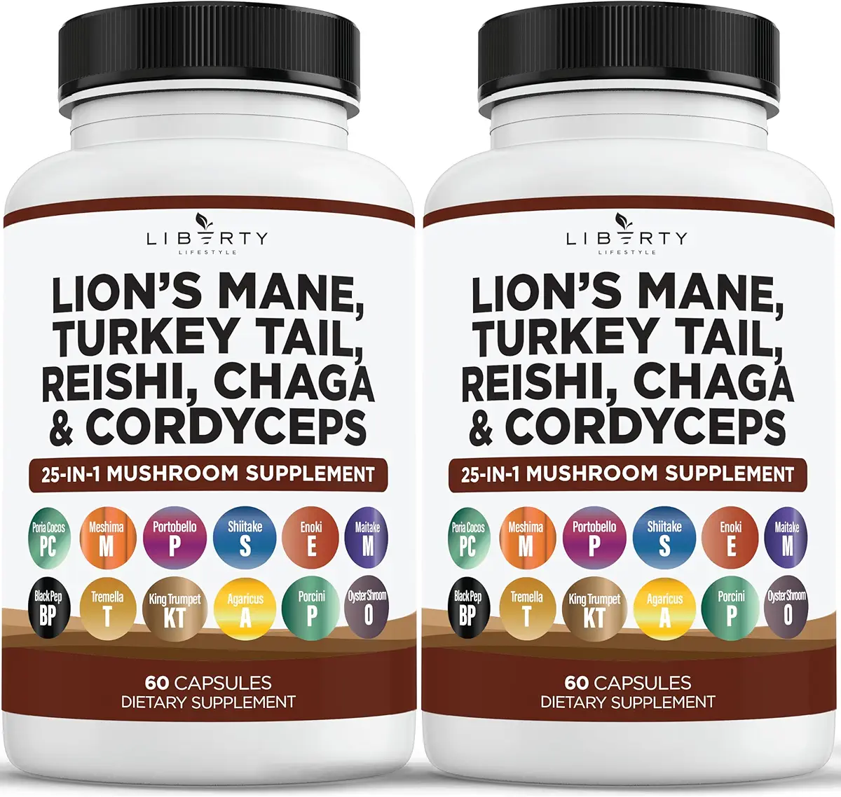 Liberty Lifestyle Lions Mane Mushroom Supplement with Turkey Tail Reishi Cordyceps Chaga with Marshmallow Root - 2-Pack