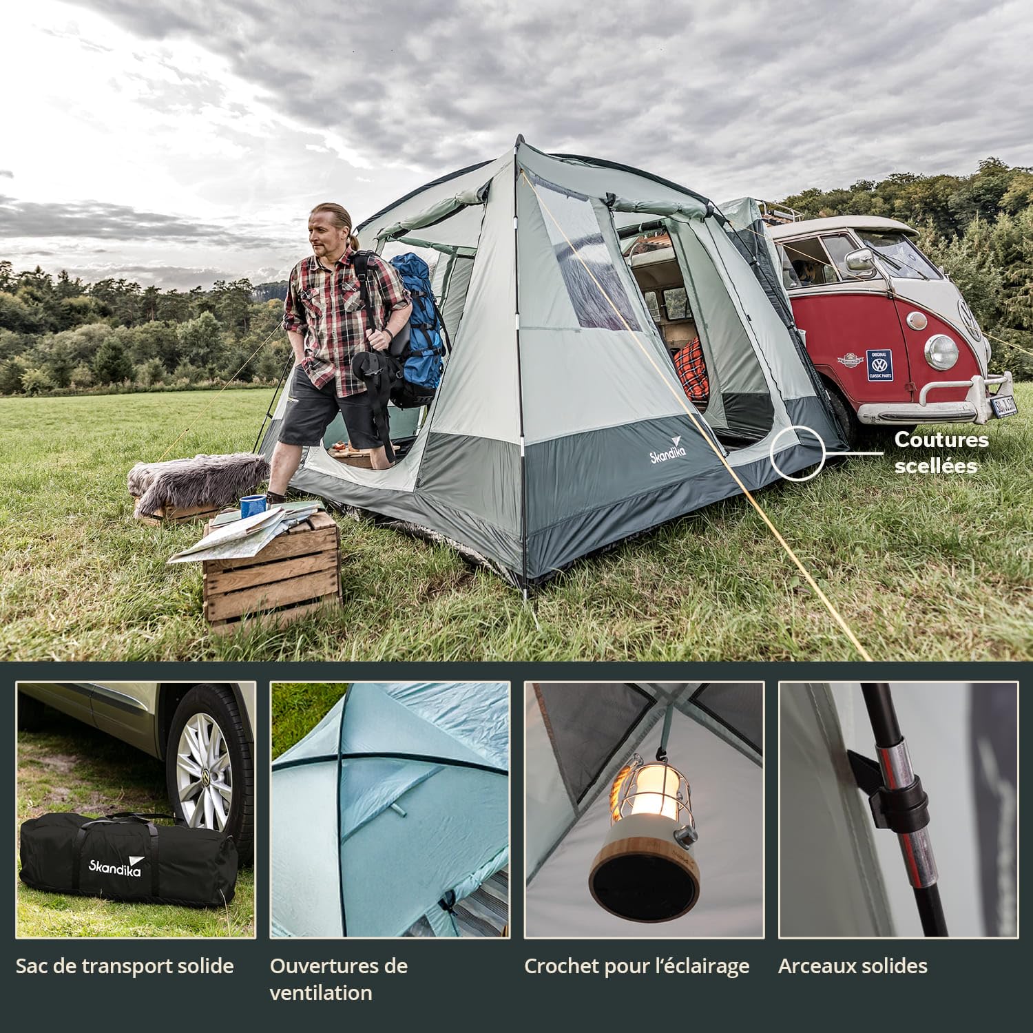 Skandika Auvent pour Bus Pitea Van | pour 4 Personnes, autoportant, Sol Cousu, Hauteur 2,2 m, Grandes fenêtres, étanche, Colonne d'eau 3000 mm, moustiquaires, 3 x 3 m, Tente dôme pour Bus, Caddy
