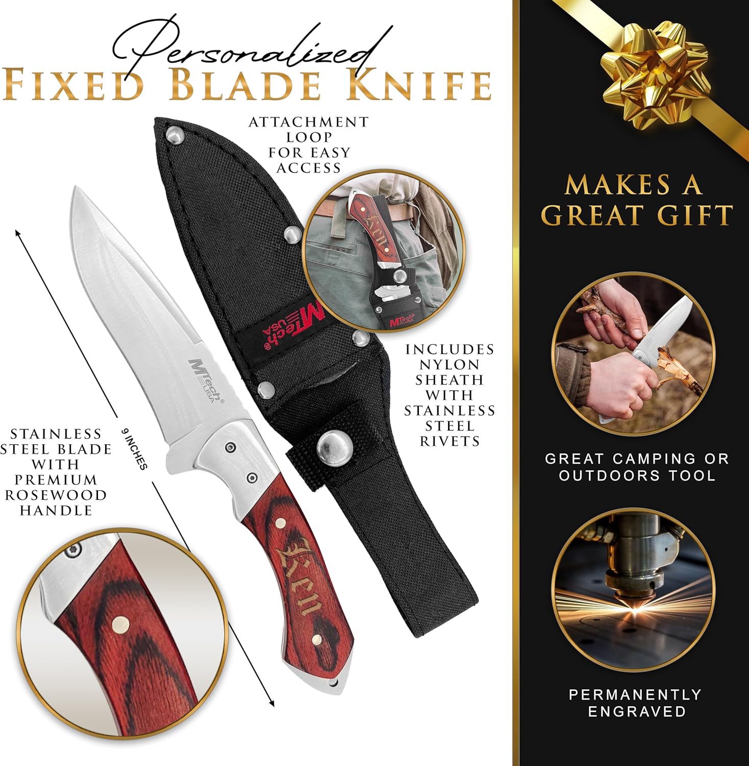 My Personal Memories Premium Custom Engraved Fixed Blade Knife with Sheath, Wood Handle Hunting Knives For Men - Customized