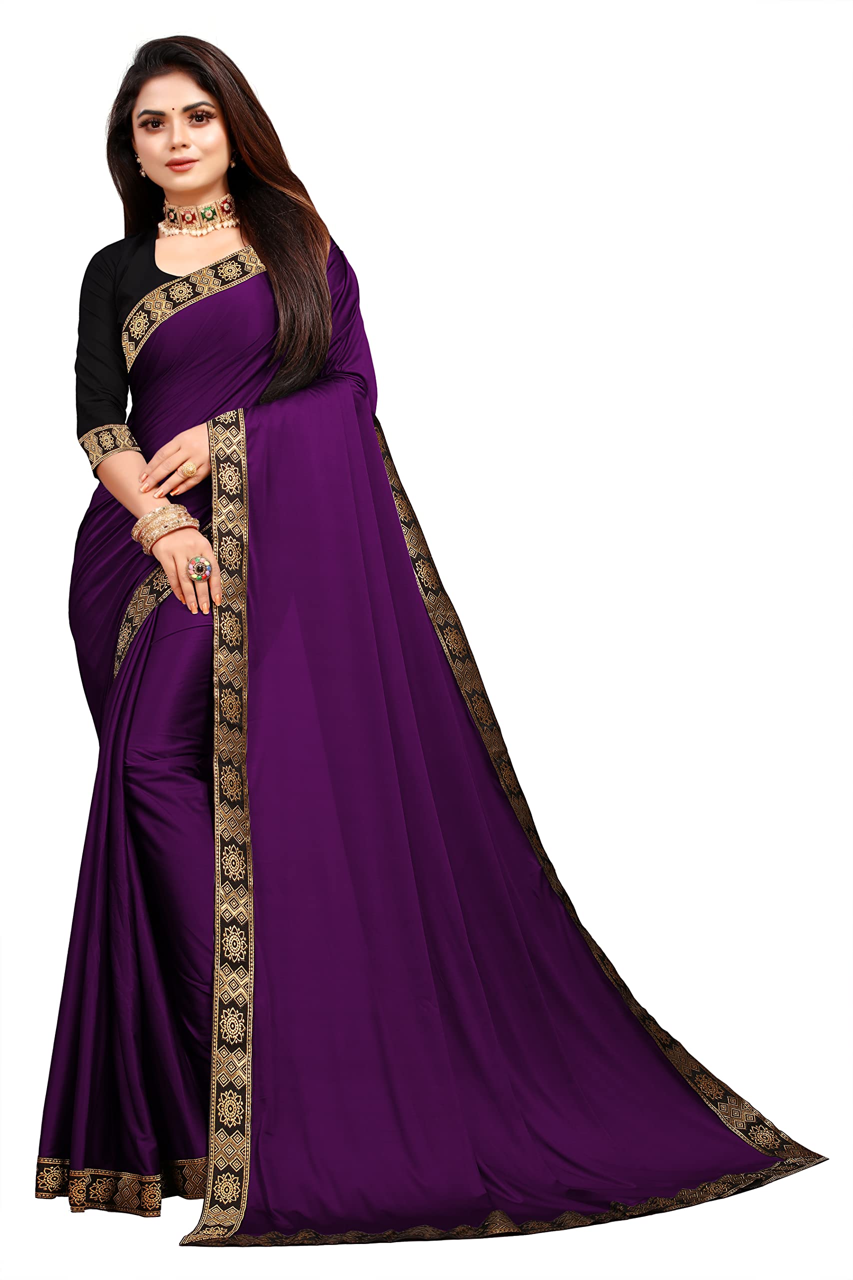Women's Lycra Plain Jacquard Lace Border Gorgeous Saree with Blouse Piece