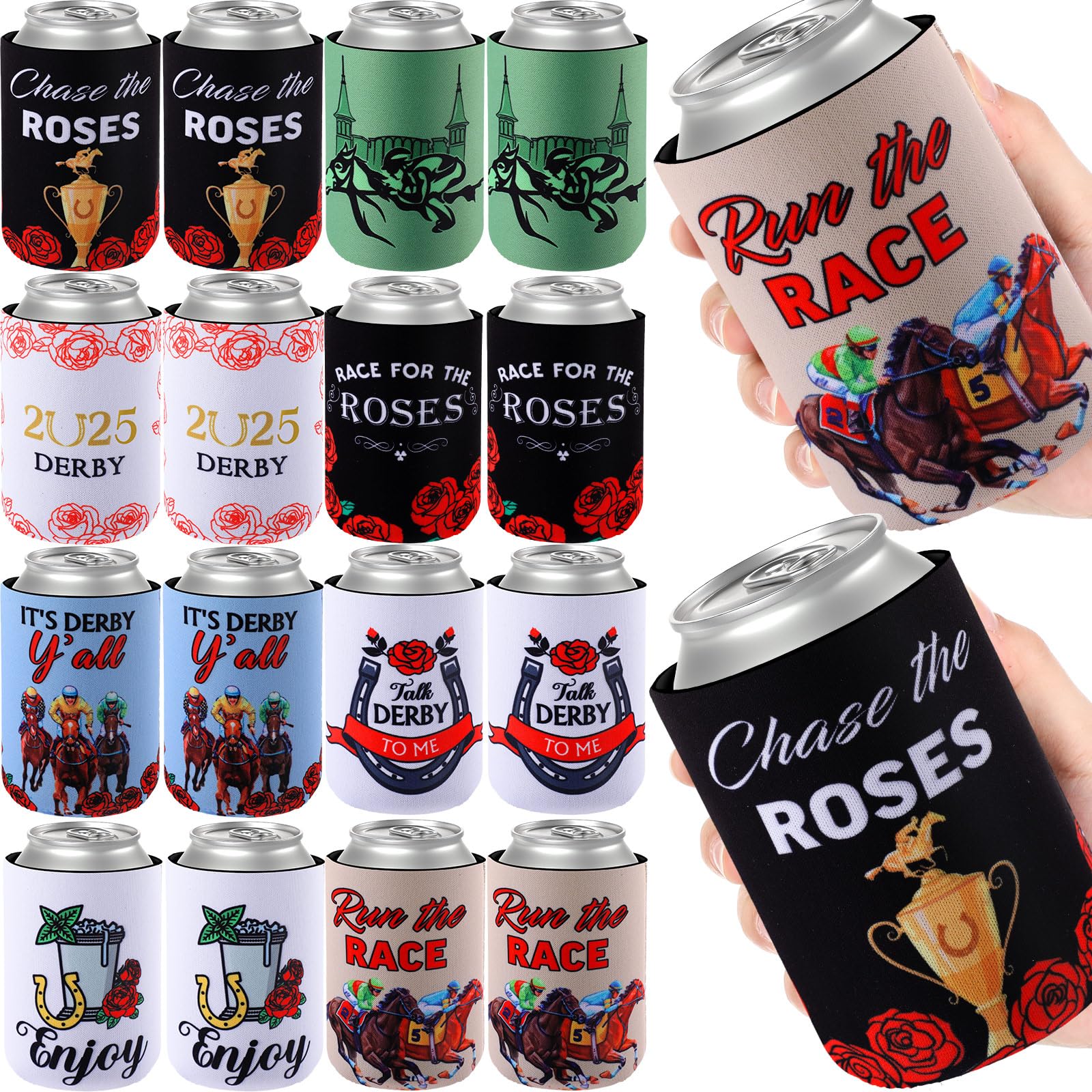 Umigy 24 Pcs Derby Party Supplies 2025 Horse Racing Can Sleeves 12 oz Run for the Roses Beverages Covers Gifts for 151th Derby Decorations Horse Racing Themed Party Favors