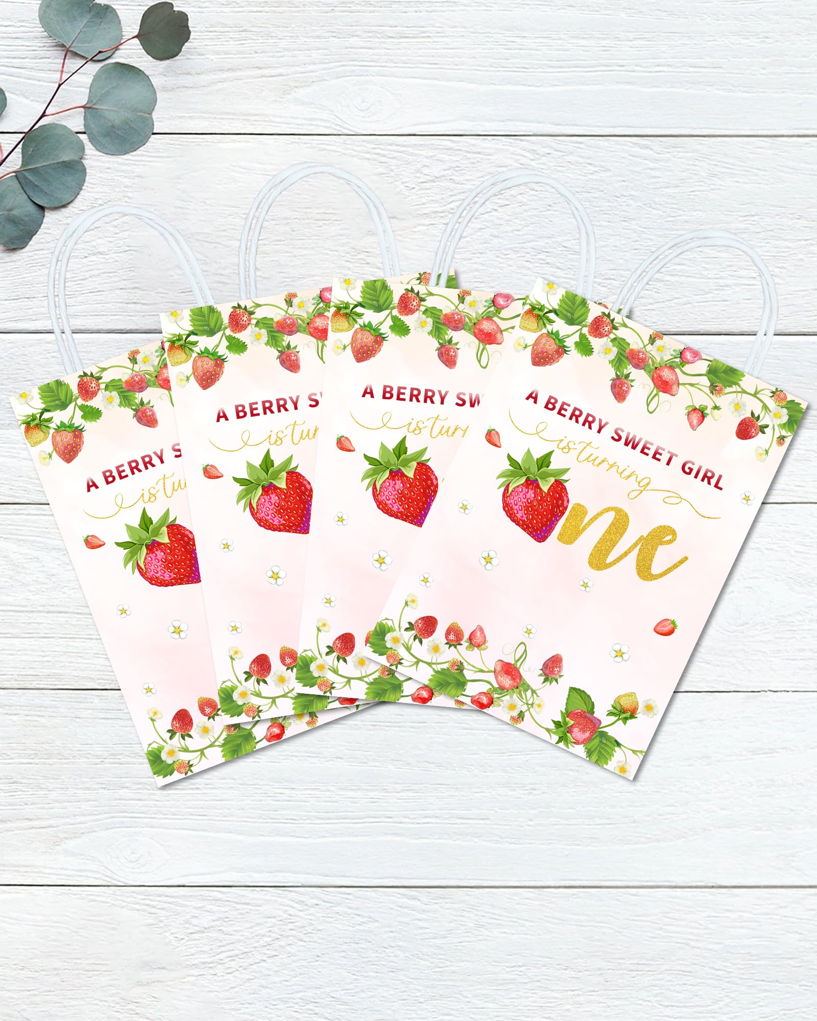 YanZonic 16 Pcs Strawberry First Birthday Goodie Bags - Berry Sweet Treat Bags For Girls' 1st Birthday Party