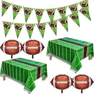 8 Pieces Football Theme Party Disposable Football Tablecloth Plastic Football Banner Football Foil Balloons Set, Football Party Balloons for Birthday Sport Football Themed Party Decoration Supplies