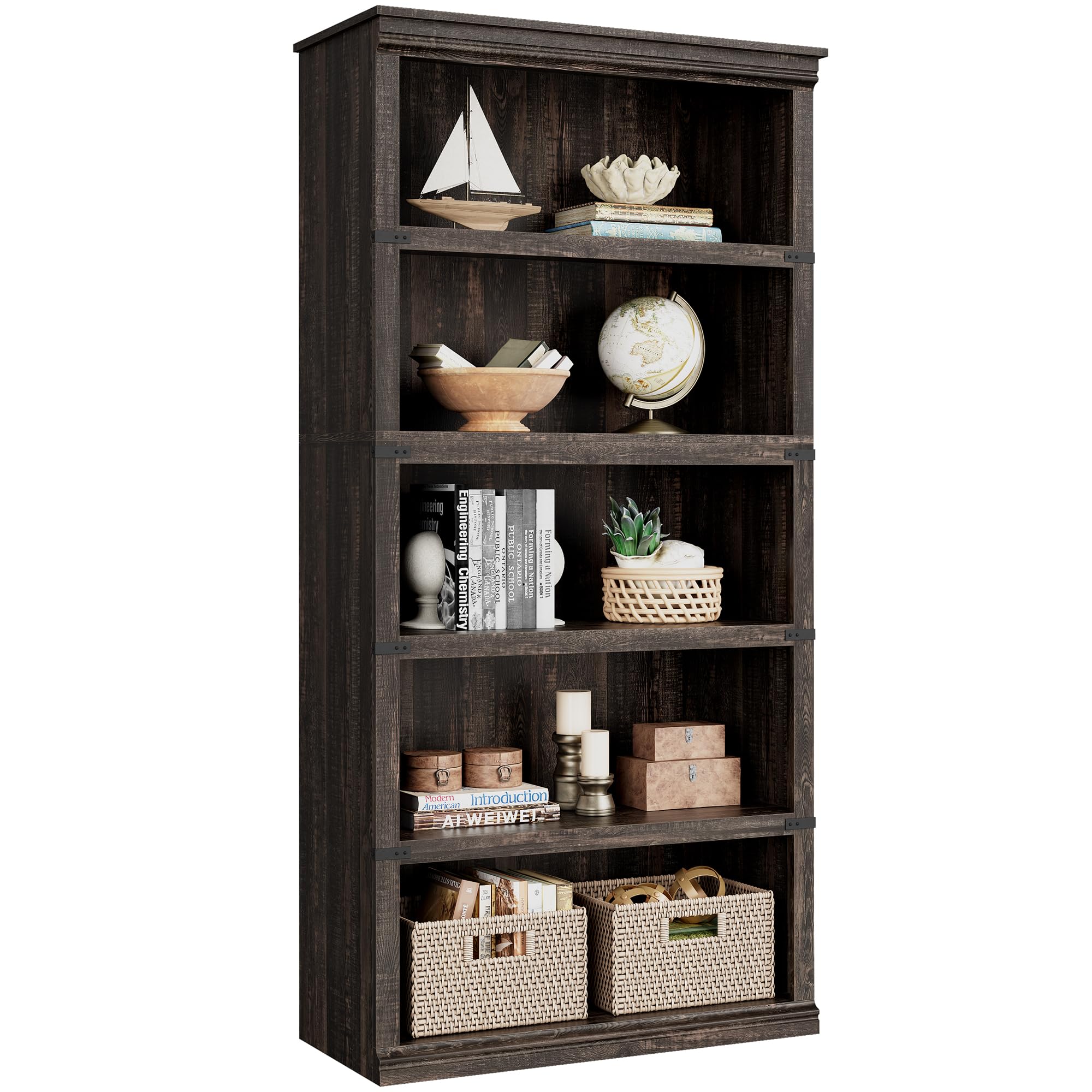 Zstar Librería de 5 Niveles Estanterías de Madera,Granja Moderno con Almacenamiento para Despacho, salón Dormitorio,80x32x171 cm Roble Oscuro