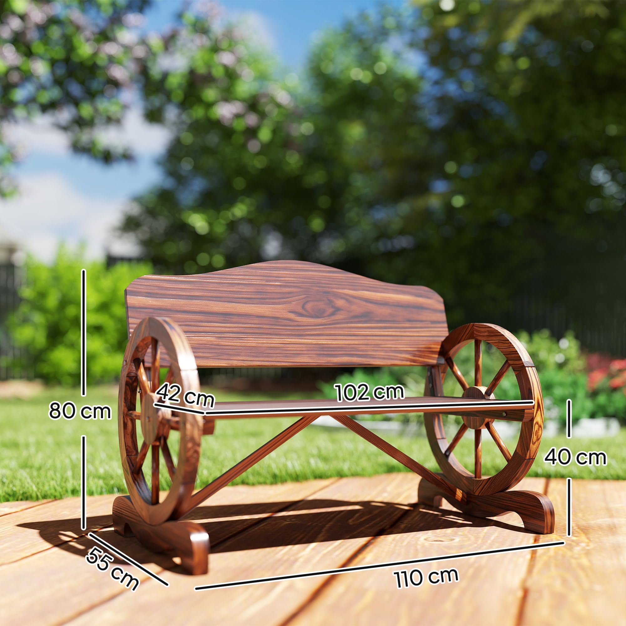 Outsunny Gartenbank Holz, 2-Sitzer Sitzbank mit Rücken- und Armlehnen, Holzbank im Rädernform, wetterfest Parkbank 240kg belastbar, Balkonbank für Balkon Terrasse, Garten, 110 x 55 x 80 cm, Verkohlt
