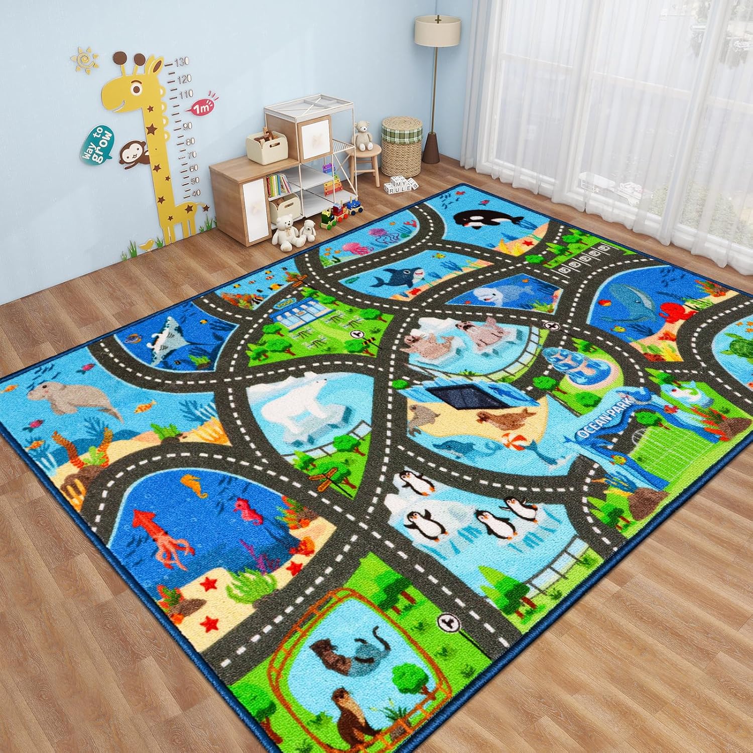Kids Rug Playmat Carpet,118"X78.7" Marine Animals Cars Rugs for Kids Toy Cars,Non Slip Aquarium Road Map Kids Carpet for Playroom Bedroom Boys,Kid Play Mat Road Carpet,Track Rug Play Carpet for Kid