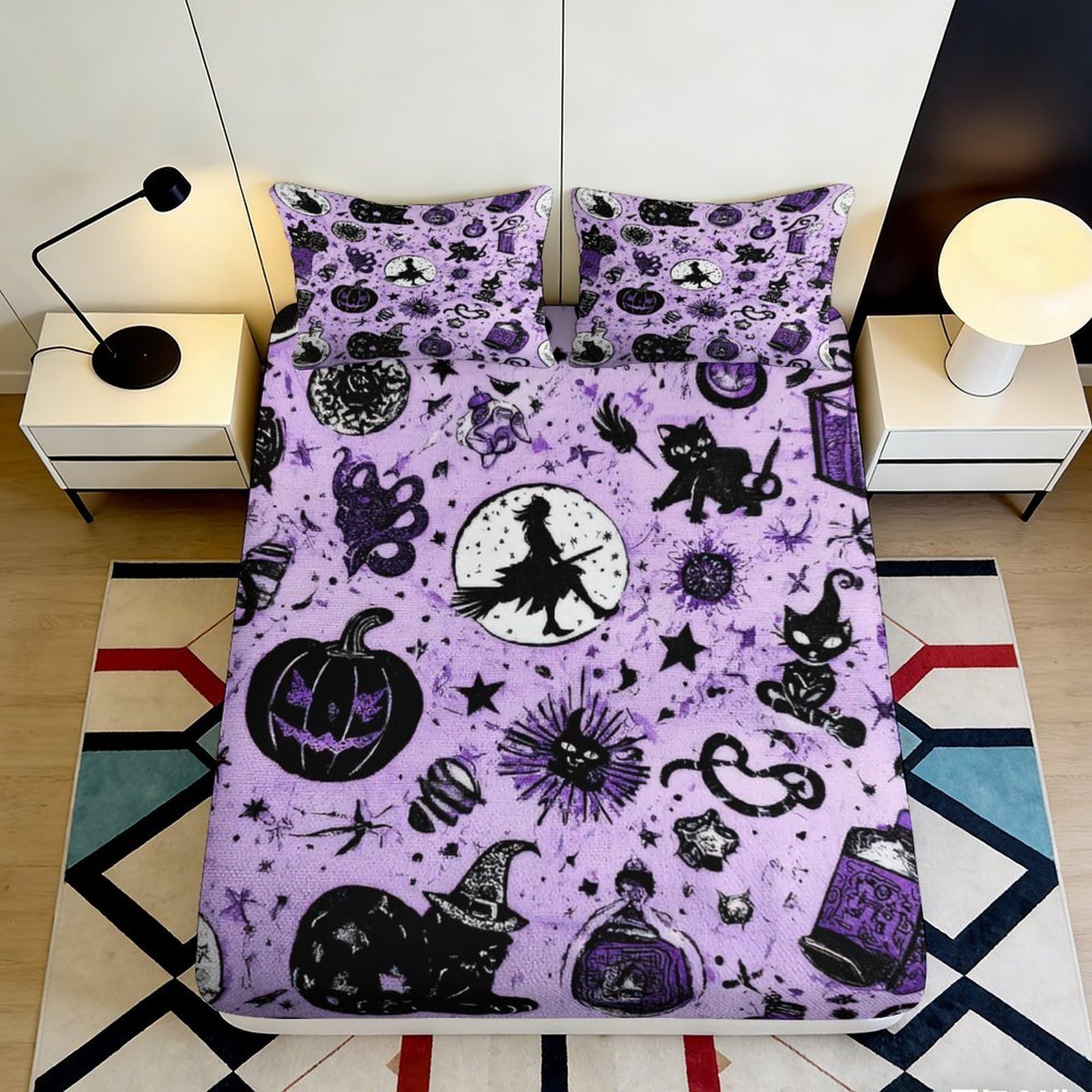 Jqzkxnhpbr Style-6 3D Printed Halloween Witch Fitted Sheet Microfiber Anti-Slip Pumpkin Mattress Cover Purple Gothic Bedding For Bedroom Dorm Decor 90X200x25cm