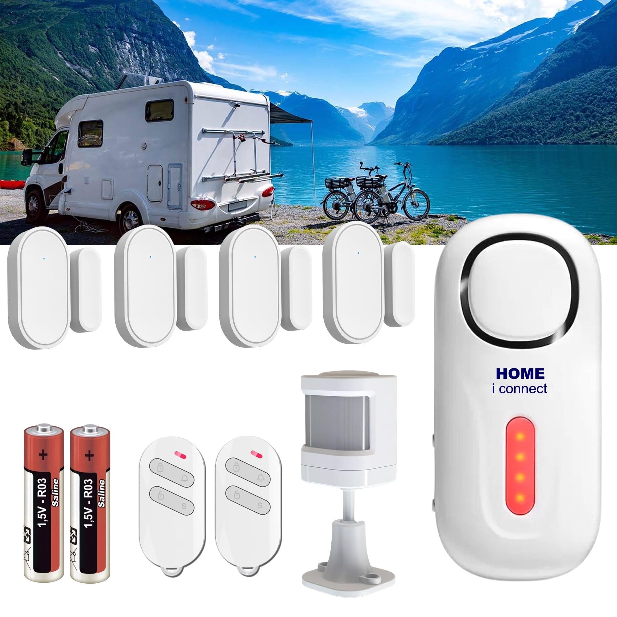 Nouveau - Alarme de Camping Car - 100% Autonome - Alimentation par Piles - Sirène Puissante avec 4 détecteurs d'ouverture et 1 de Mouvement.