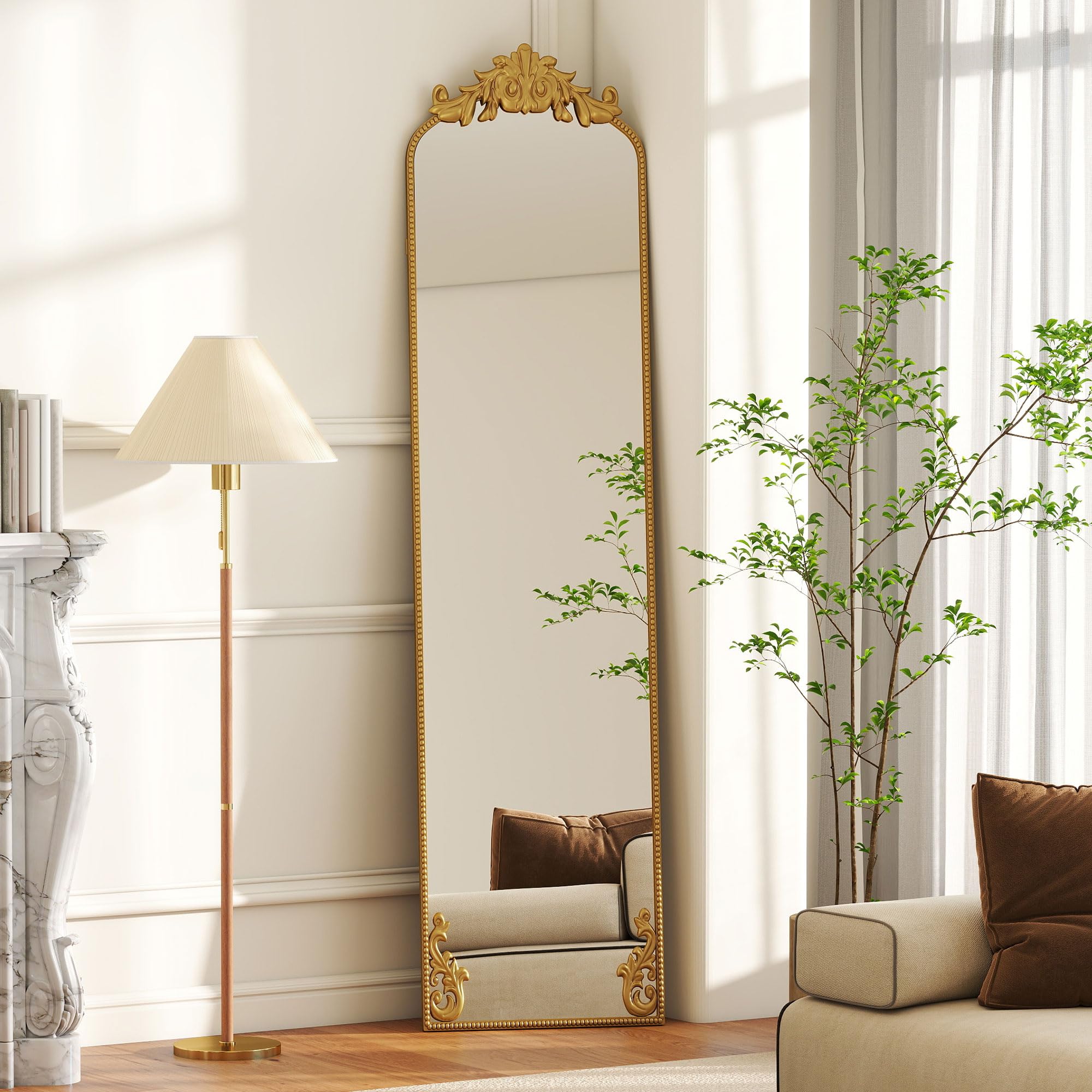 HOMCOM Specchio da Terra Stile Barocco 50x160 cm Parete Autoportante Oro | Figura Intera, Cornice in Metallo, Camera da Letto, Soggiorno, Ingresso