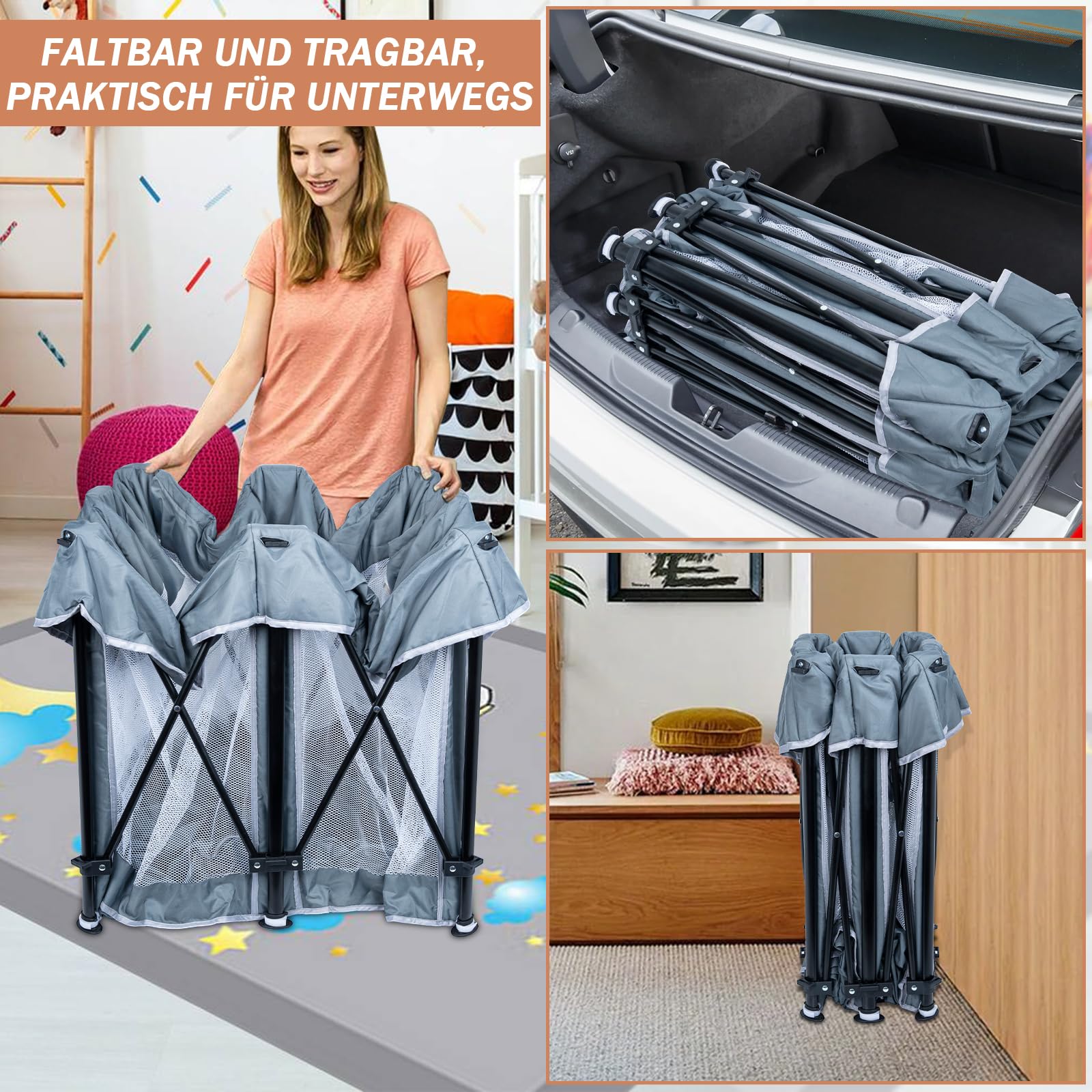 OUUTMEE Box per bambini, 127 x 127 cm, pieghevole, recinzione da gioco per bambini, 150D, Oxford, per interni ed esterni, con custodia, Playpen (grigio scuro)