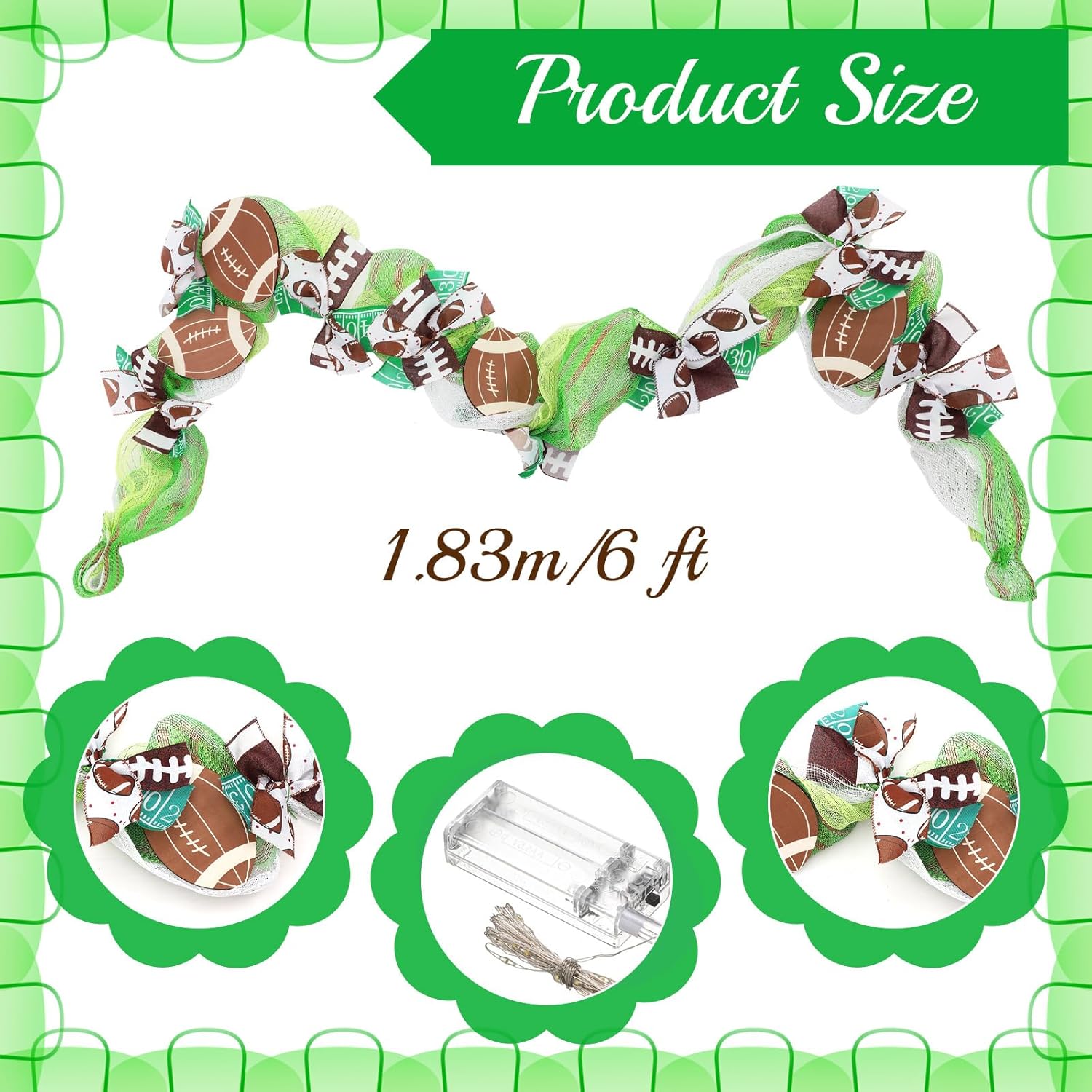 6 ft Football Garland with Lights Football Party Decoration Brown Green Touchdown Hanging Banner for Sports Game Day Birthday Party Home Mantle Decor