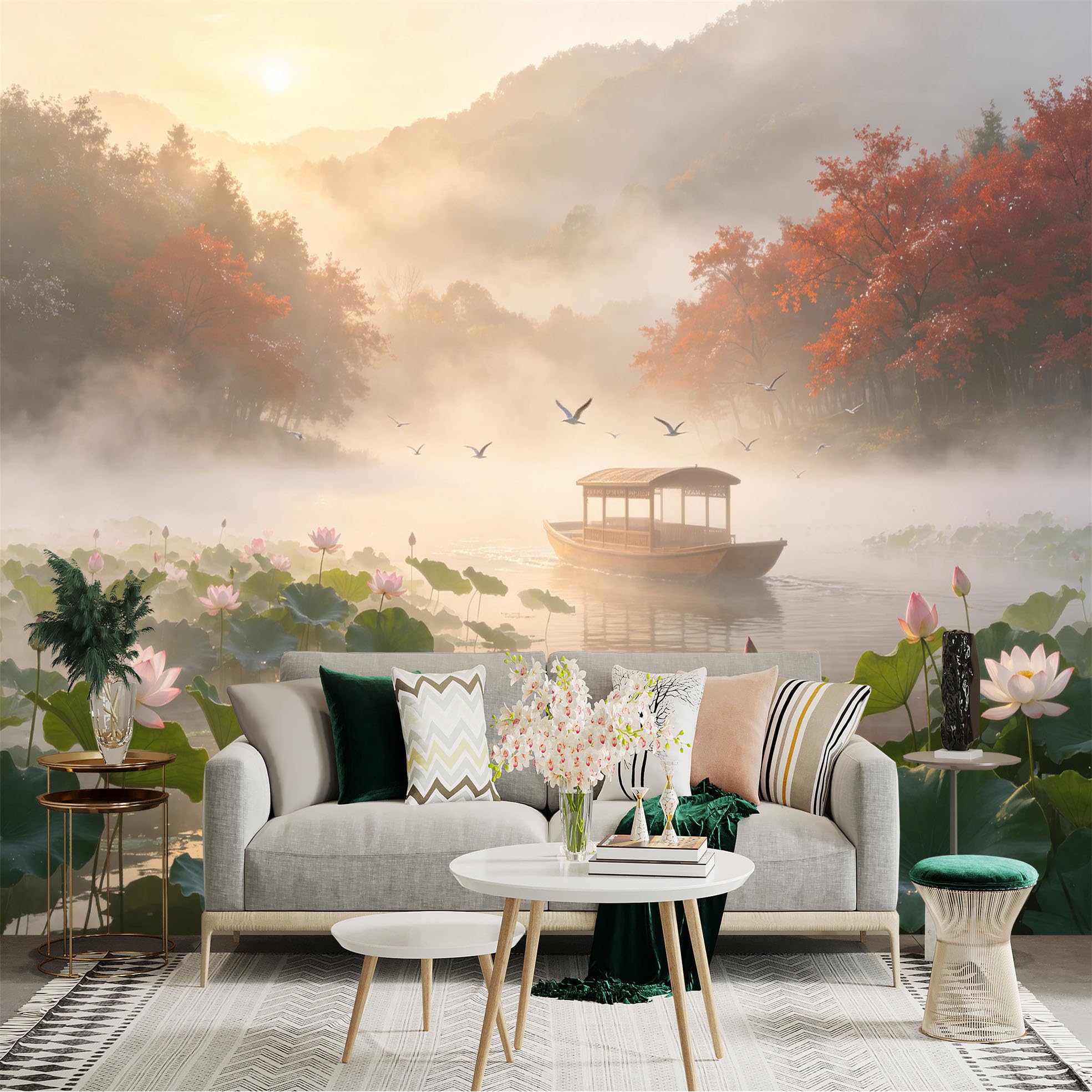 Custom Size Wall Sticker Mural， Misty Lake with Lotus Flowers， Traditional Wooden Boat， Autumn Scenery， Peaceful Oriental Landscape， for wall Decoration， peelandstick wall Decals.