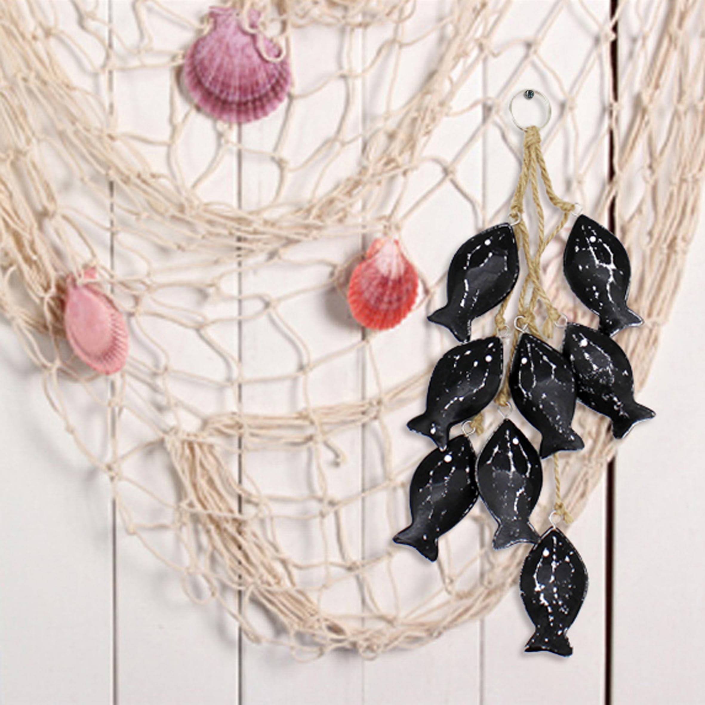 CVHOMEDECO Hand Carved Wood Fish Wall Hanging - 8 Piece Set With Jute Rope, Nautical Mediterranean Decor - View #2