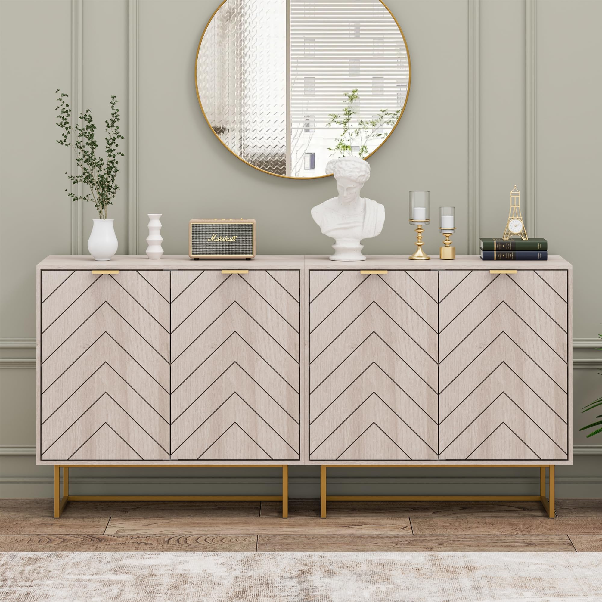 Scurrty 31.5'' Sideboard Buffet Cabinet with Storage,Sideboard Buffet Set of 2, Natural Storage Cabinet with Doors and Adjustable Shelf, Ancient Style