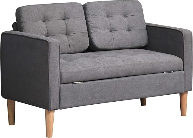 HOMCOM 2 Seater Storage Sofa Compact Cotton Loveseat w/Wood Legs Back Buttons Comfortable Padding Home Office Living Couch Furniture Grey
