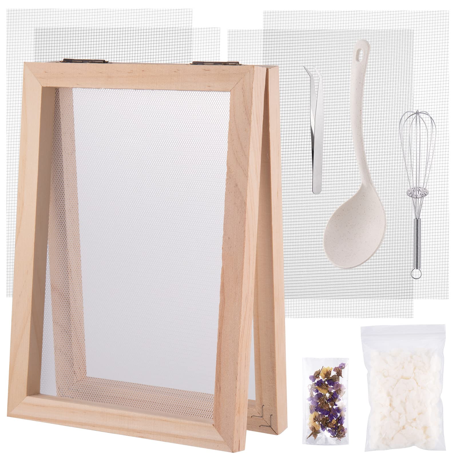 Paper Making Kit, 18 x 12.5cm Pine Wood Paper Making Frame with 4 Replace Mesh Cloth Tweezer Pulp Dry Flowers, Ancient Papermaking Mould for DIY Handcraft, School Teaching, Silkscreen Printing
