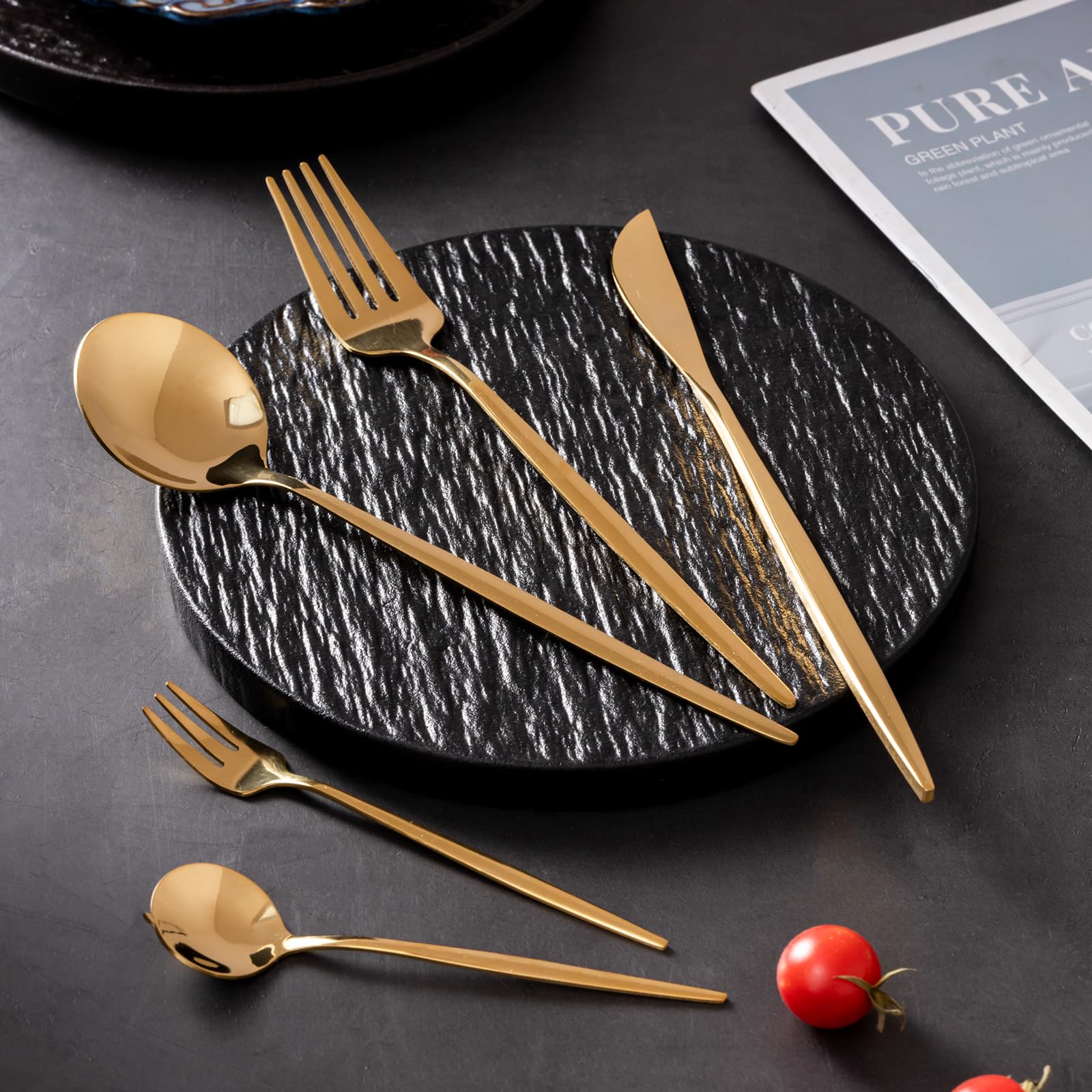 Gold Besteck Set 12 Personen, SWISON Edelstahl Essbesteck 60 teilig, Besteckset mit Messer und Gabel Löffel, Leichtgewichtig