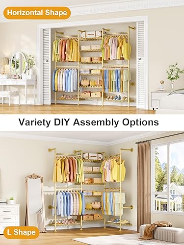 Miniatura 5 de Perchero M6 para montaje en pared, sistema de armario resistente con 8 estantes y 4 barras de suspensión, 68.5 pulgadas de ancho x 11.8 pulgadas