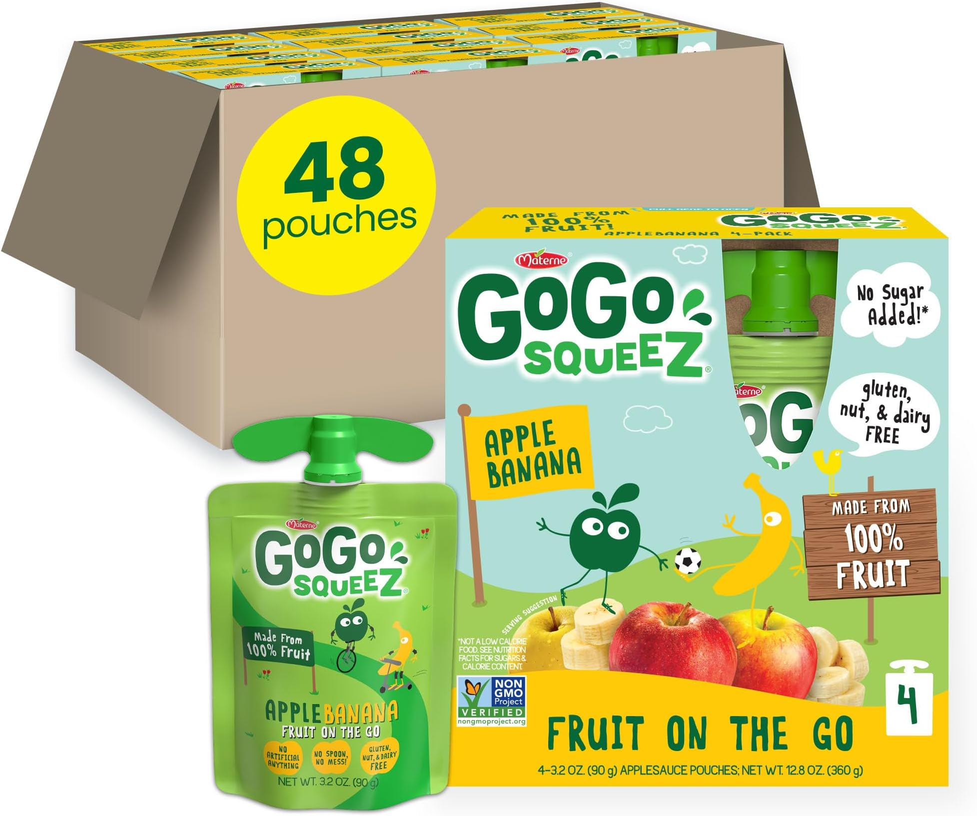 Applesauce and Fruit Puree, Apple Banana, 3.2 oz (Pack of 48), Unsweetened Fruit Snacks for Kids, Gluten Free, Nut Free and Dairy Free, BPA Free Pouches (Packaging May Vary)