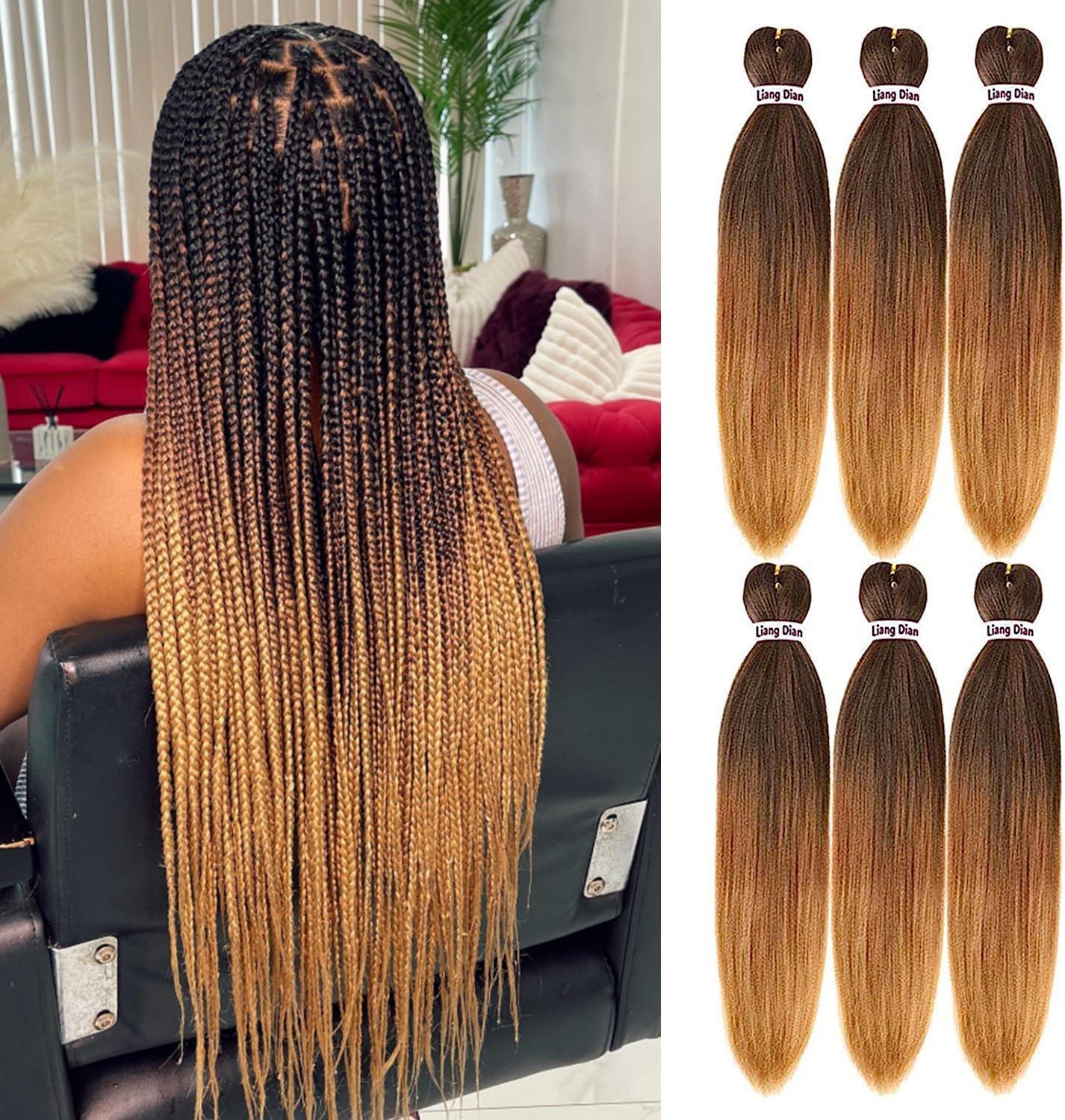 Liang Dian Pre-Stretched Braiding Hair 22 inch 6 packs Hot Water Setting Synthetic Hair Crochet Braiding Hair Extension (1B/30/27)