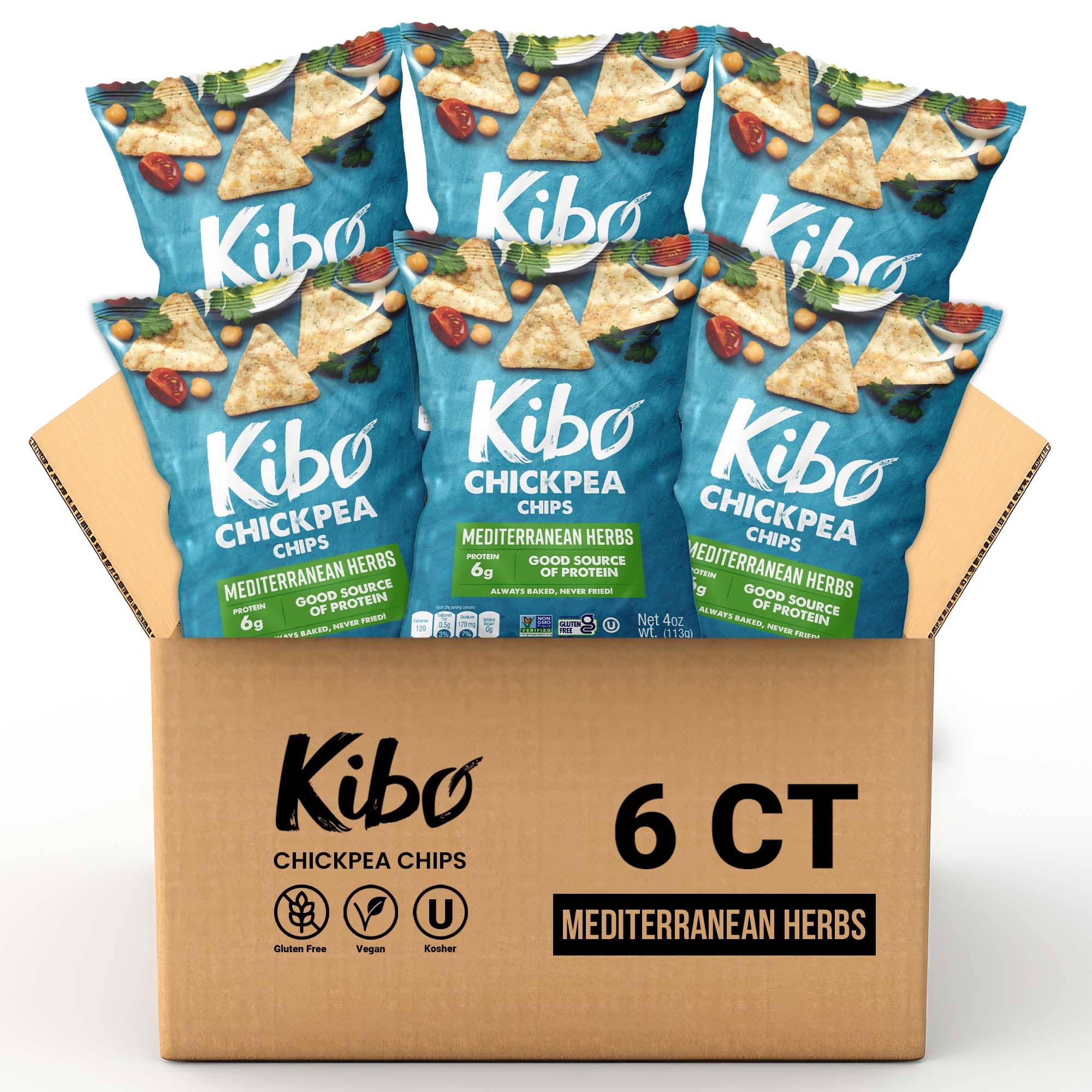 Kibo Chickpea Chips Mediterranean Herbs - Gluten-Free, Plant-Based, High Protein-Fiber, Non-GMO, Vegan, Made with Real Veggies - 4 oz, 6 Pack