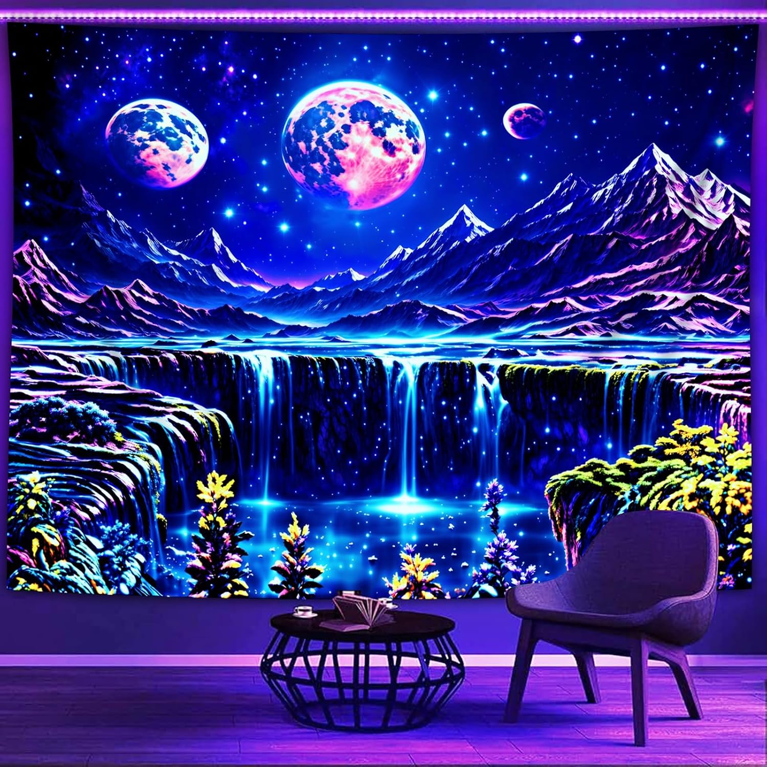 Amazon.com: PSYHILAR Blacklight Mountain Tapestry for Bedroom Moon and ...