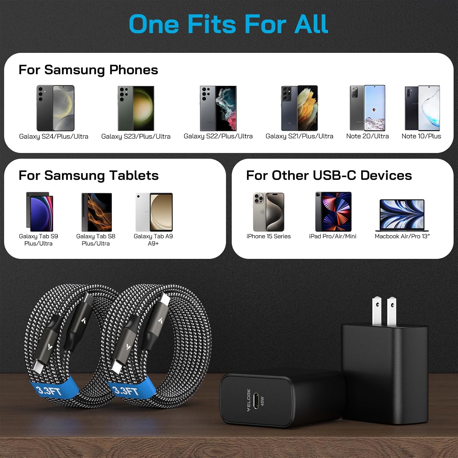 45W Super Fast Charger USB C, 45 Watt Type-C Android Phone Charger Fast Charging Block with 3.3FT Type C Cords for Samsung Galaxy S25 Ultra/S24 Ultra/S24+/S23 Ultra/S23+/S22 Plus/S20, Tab S9/S8 Ultra