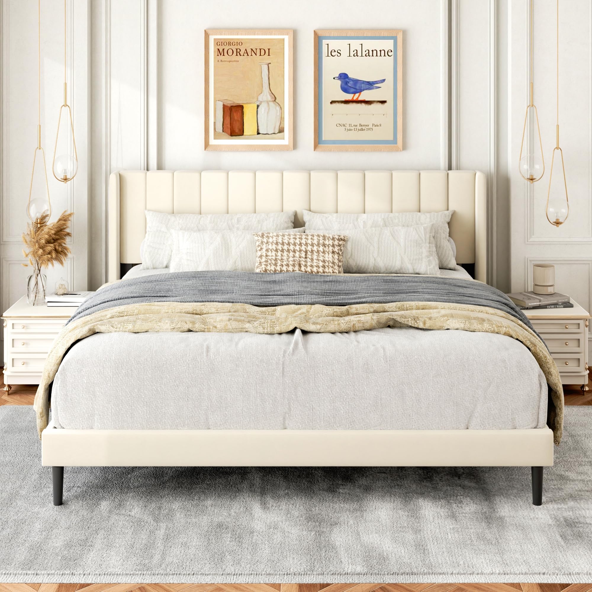 Upholstered Bed Frame King with Wingback Headboard/No Box Spring Needed/Wooden Slat Support/Easy Assemble/Cream White Beige