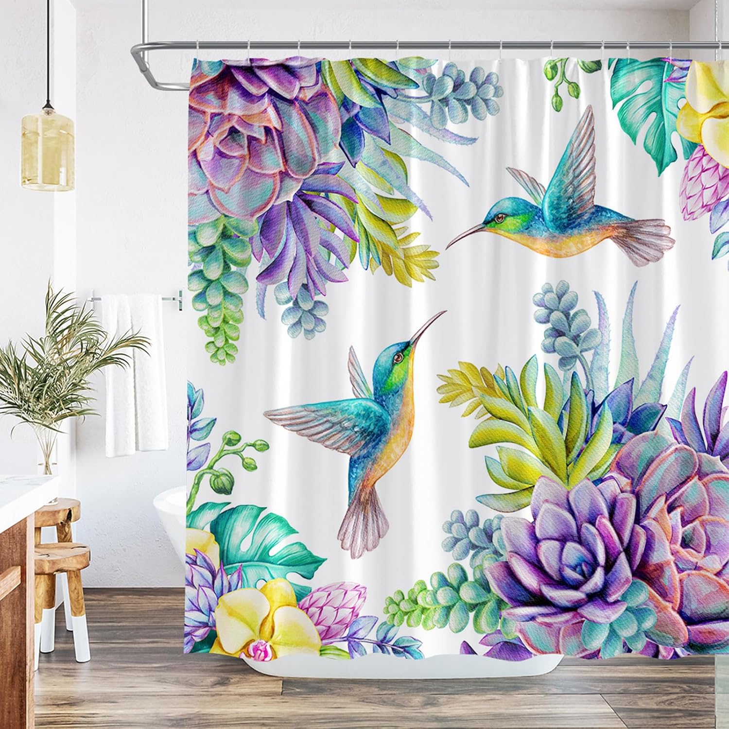 Bird Flower Shower Curtain Hummingbird Cactus Succulents Purple Floral Vintage Garden Nature Tropical Plant Bathroom Decor Set Polyester Fabric Curtains with Hooks 90Wx70H Inch