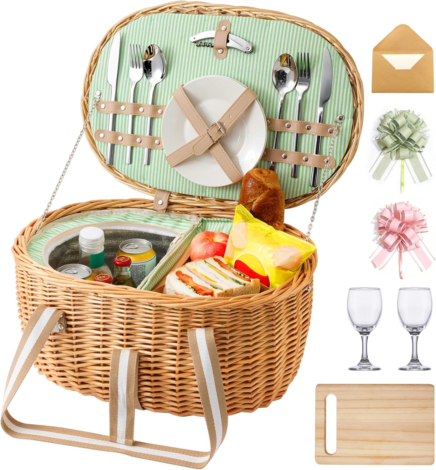 Picnic Basket for 2, Extra Large Wicker Picnic Basket Insulated, Handwoven Vintage Willow Picnic Set, 2 partitions, 8.4 Gal, Portable Camping, Outdoor, Couples Wedding Gifts, Date, Natural