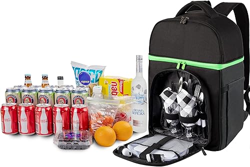 Miniatura 6 de Mochila térmica 2 en 1 aislada, impermeable, ligera, con juego de cubiertos de picnic, manta, mochila negra para el almuerzo