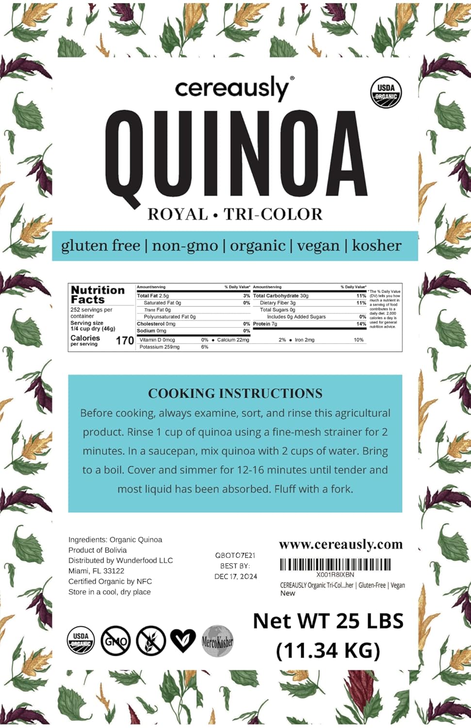 CEREAUSLY Organic Tri-Color Quinoa – Premium Royal Quinoa from Bolivia – Kosher and Non-GMO Quinoa Bulk – Vegan and Gluten-Fee Cooking Quinoa – 25 LB