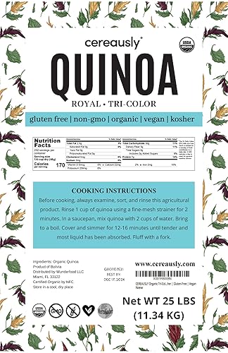 Miniatura 2 de CEREAUSLY Quinoa orgánica tricolor  Quinoa real premium de Bolivia  Quinoa Kosher y sin OMG  Quinoa vegana y con cuota de gluten  25 libras