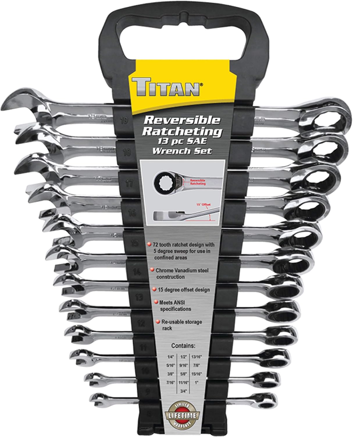 Titan 17364 13-Piece 12 Point 72 Tooth SAE Reversible Ratcheting Combination Wrench Set Titan 17364 13-Piece 12 Point 72 Tooth SAE Reversible Ratcheting Combination Wrench Set