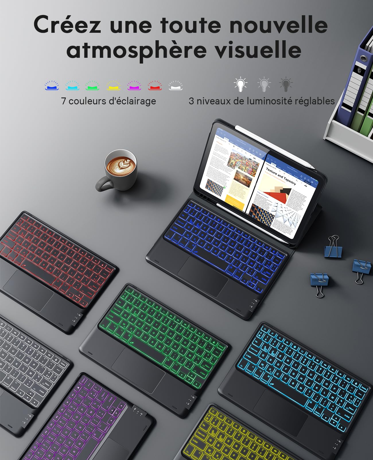 Earto Coque Clavier pour iPad 11 Ème génération 11" (A16 2025)/10 Ème génération 10.9" (2022), Clavier AZERTY avec Touchpad, Rétroéclairage 7 Couleurs avec, Support pour Apple Pencil, Noir