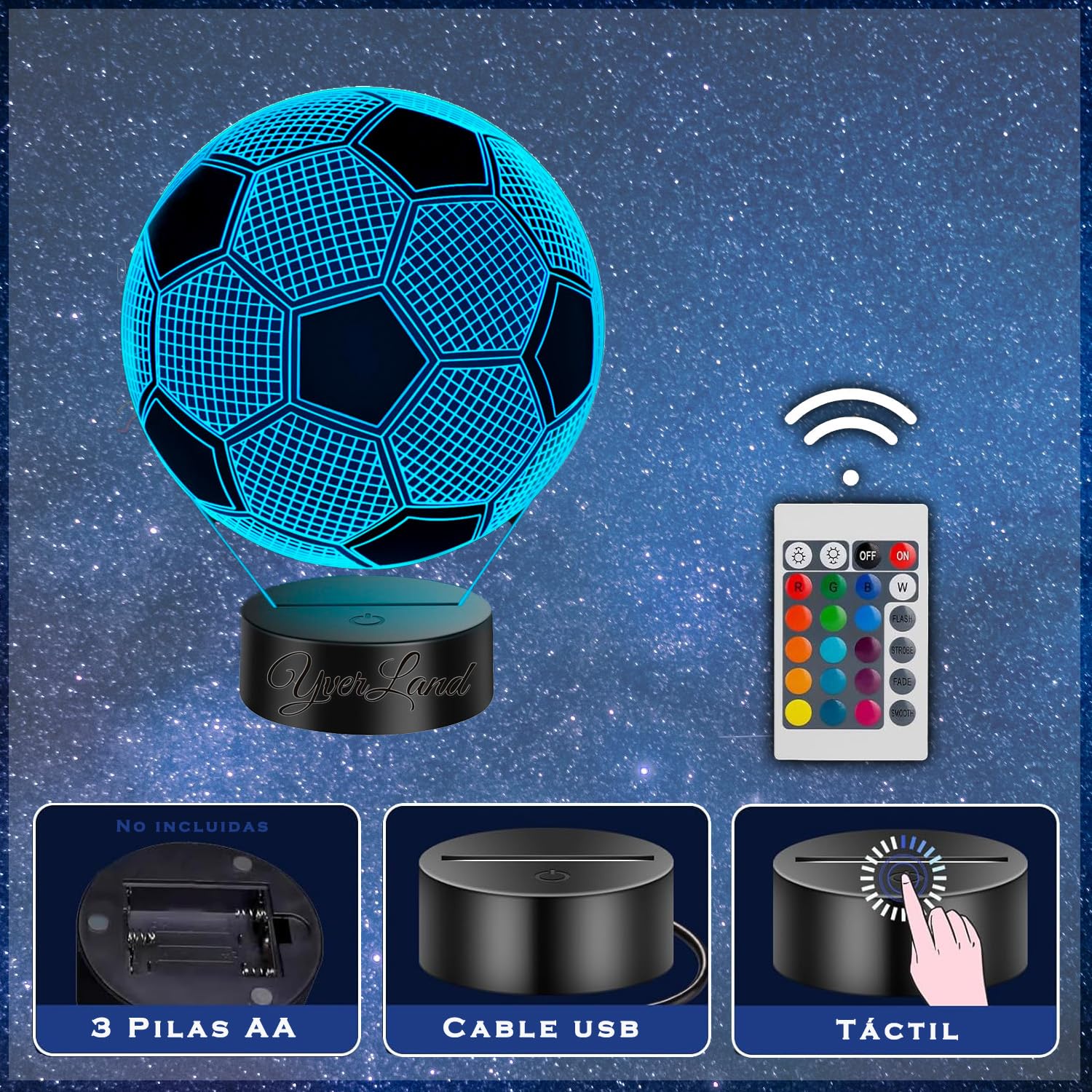 Lámpara LED Colores 3D Bola de Fútbol Regalos de Fútbol Originales Niños Futboleros de 5 a 10 Años Lamparita Infantil Mesita de Noche Artículos Cosas de Fútbol Infantiles Pilas Cable USB Quitamiedos