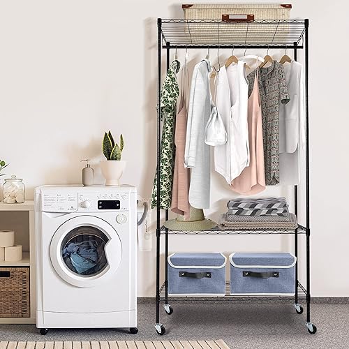 Miniatura 3 de Perchero ajustable de 3 niveles con estantes, perchero resistente con ruedas, a prueba de polvo, ruedas con bloqueo, color negro