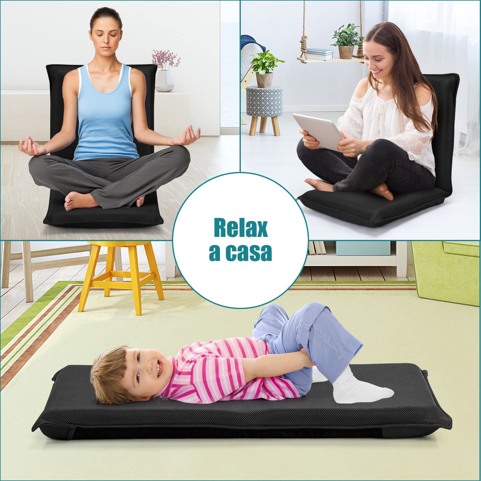 LIFEZEAL Chaise de Sol avec Dossier Réglable en 6 Angles, Siège de Sol Rembourrée avec Surface en Maille, 47 x 54 x 53,5 cm, pour Méditation, Yoga et Camping (Noir)