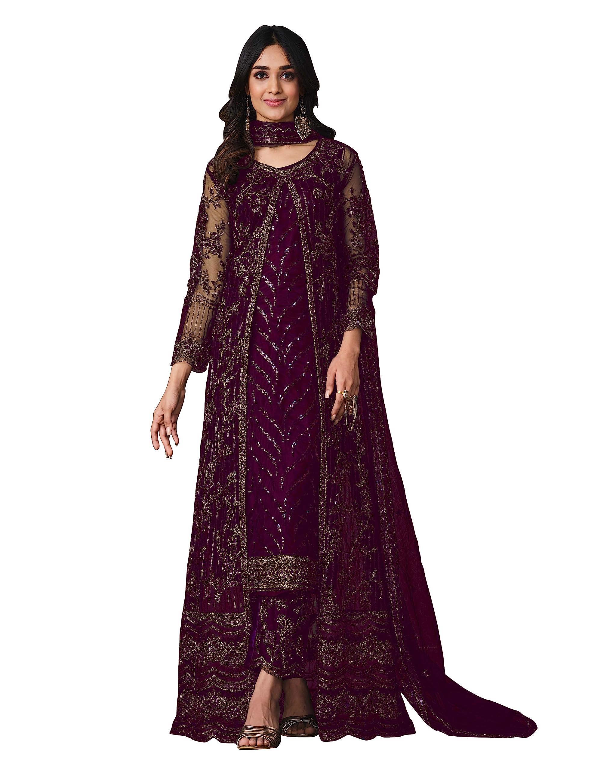 Anarkali Net and Satin Straight Suits for Women | Semi stitched Embroidered Dress for Women | Gown With Dupatta for Women 2023 | Gown in Clothing & Accessories-image-10