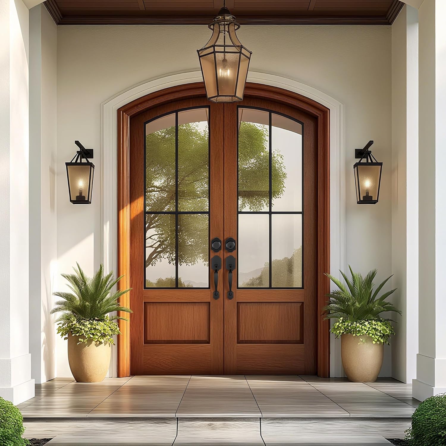 Double Front Door Handleset with Deadbolt – Matte Black Classic Entry Handle Set with Dummy, Reversible Lever, Zinc Alloy, Exterior Lock Set