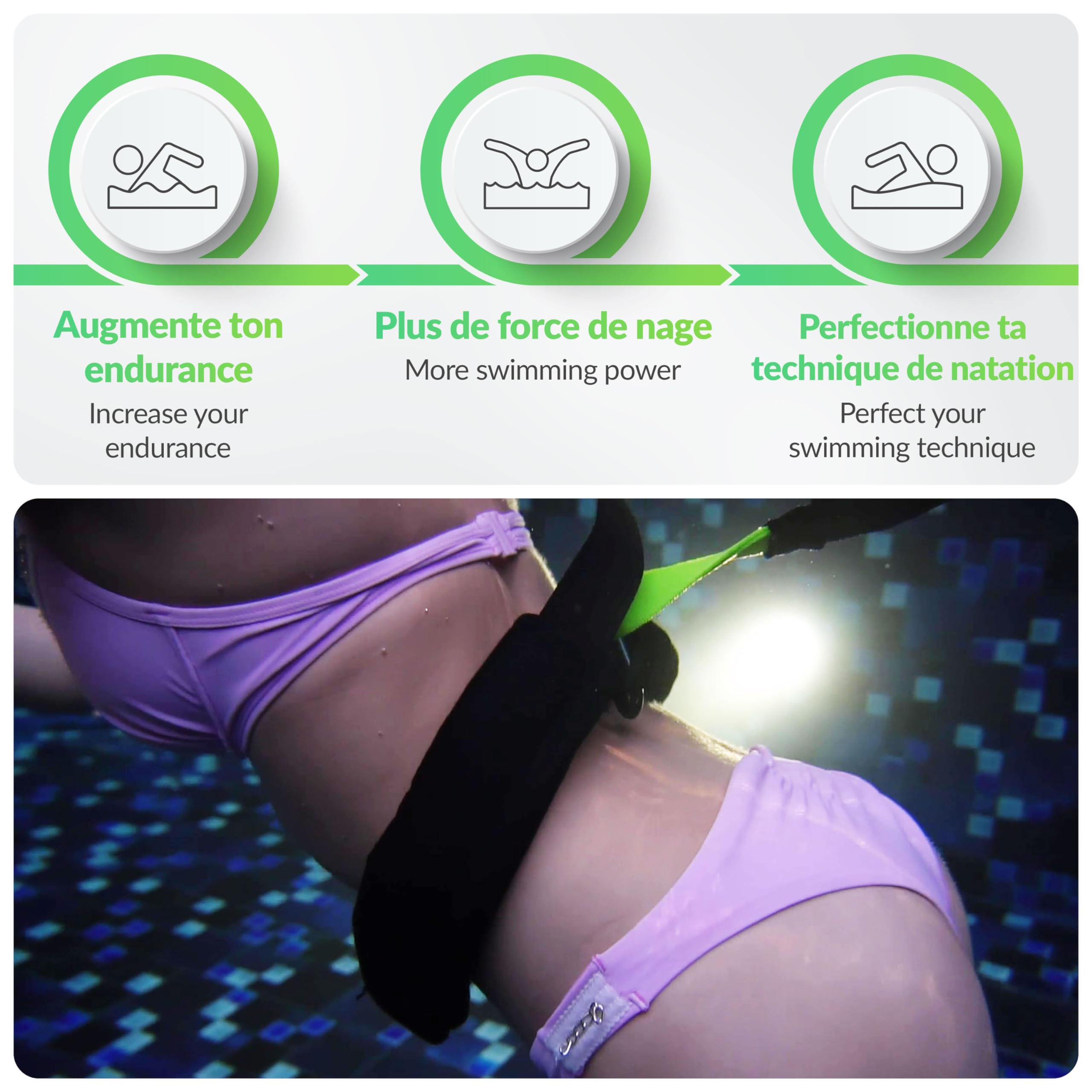 BODYCROSS Elastique Nage Piscine – Ceinture Cardio Premium avec Tube (1-20 kg), Entraîneur de Natation Extérieure Testé et Certifié