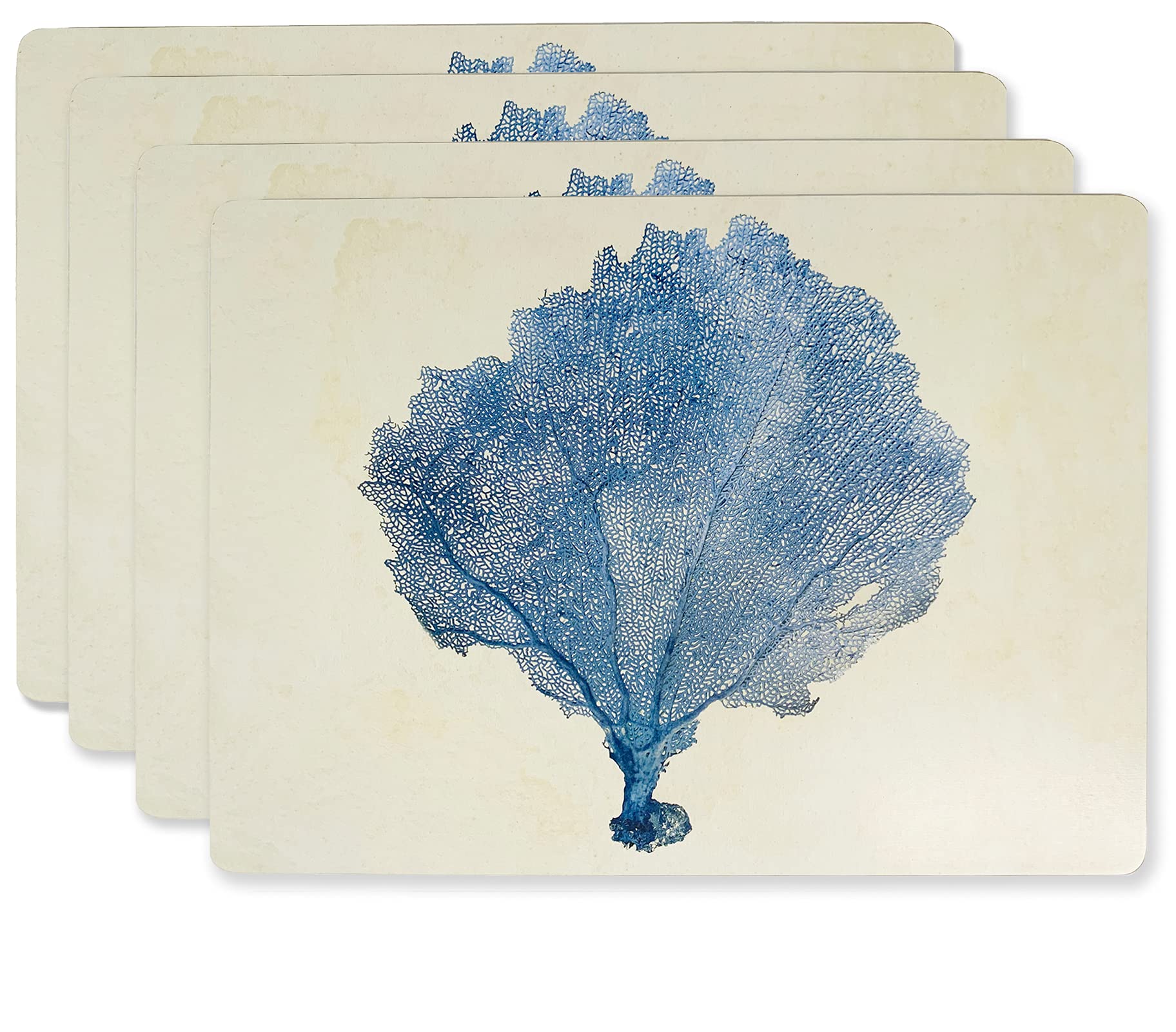 Cork Placemats: Set of 4 Heat Resistant Blue Sea Fan Cork Backed Placemats - 16" x 12" Hardboard Placemats with Cork Backing for Dining Table - Perfect for Weeknights & Entertaining - rockflowerpaper