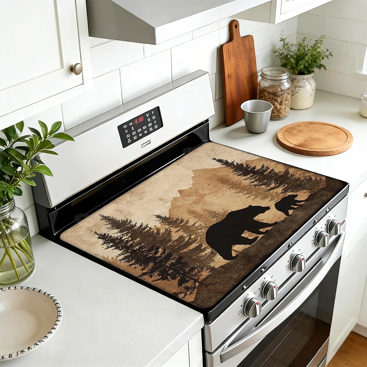 Stove Cover Rustic Forest Bear Stove Top Covers for Gas Burners Home Decor Kitchen Pad Non-Stick Washable Cooktop Covers Countertop Protector 28"x20"