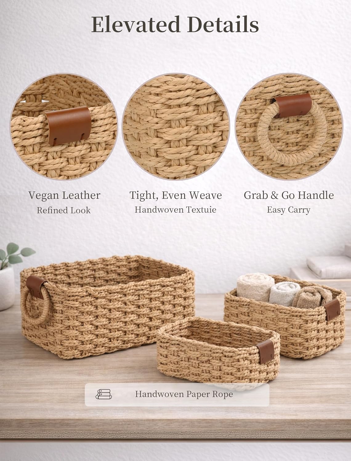 Storage Basket, Recycled Paper Rope Bathroom Basket Organizer, 3Pcs Small Baskets for Organizing, Mini wicker Basket for Decorative Storage Bins, Shelves, Bathroom, Cabinet - Brown - Image 4