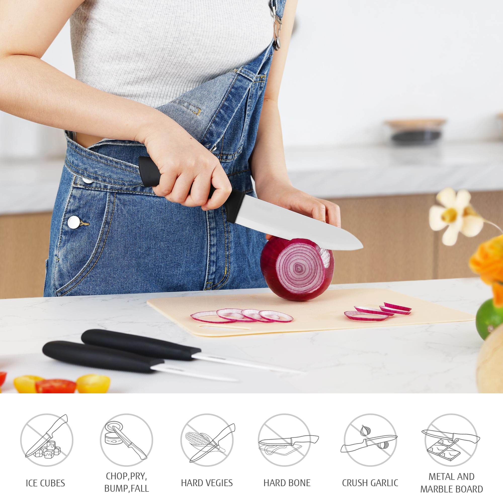 hecef Juego de Cuchillos de Cerámica 3 Piezas Chef Fruta Pelador Mango Antideslizante Blanco