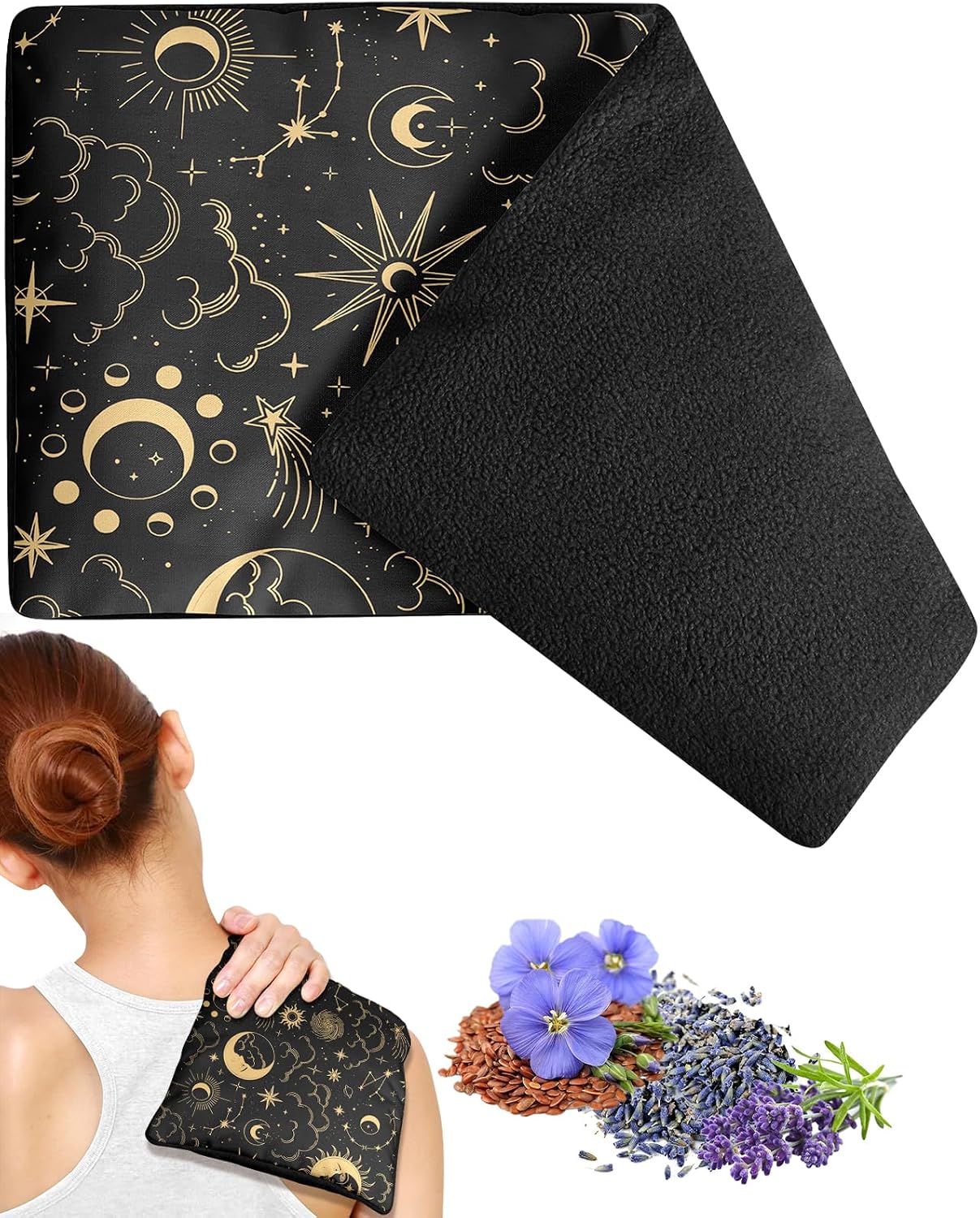 Swooflia Microwave Heating Pad for Warm Cold Compress - Lavender Flaxseeds Bags Hot Pack for Heat Therapy Chronic Pain Relief Back Cramps Shoulders Neck, Sun Celestial Moon Detachable Stuffed Cover