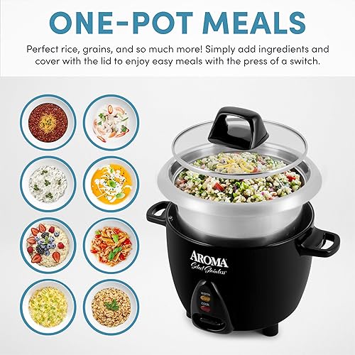 Vista 2 de Aroma Housewares Select - Olla arrocera y calentador de acero inoxidable con olla interior sin recubrimiento, 3 tazas (sin cocinar)/6 tazas