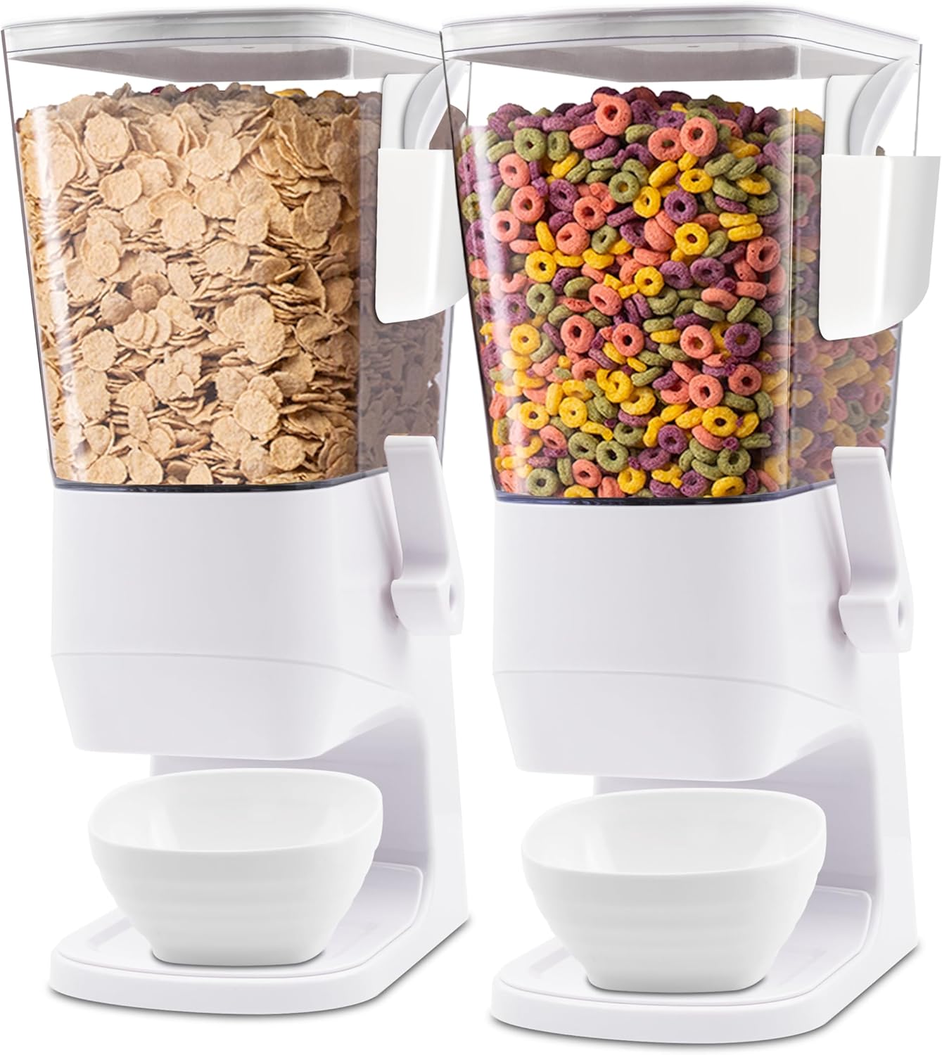 Cereal Dispenser Countertop 2Pcs, 3.2L Cereal Containers Storage Snack Dispenser with Bowls Spoons Cutlery Box, Dry Food Dispenser for Pantry, Storage Grains, Oatmeal Nut, Granola, White white, 2pc